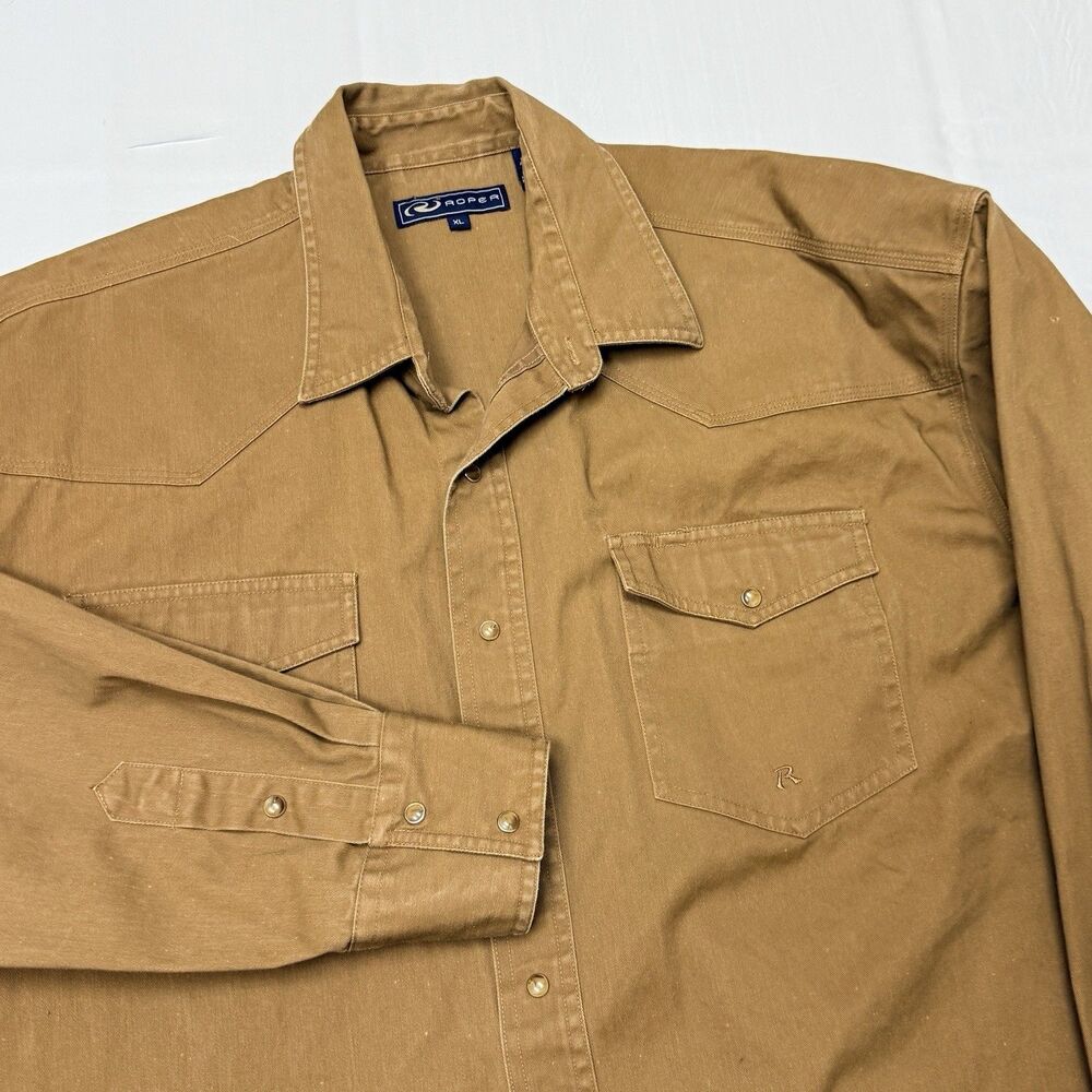 Roper Men’s XL Brown Brush Popper Long Sleeve Pearl Snap Western Cowboy